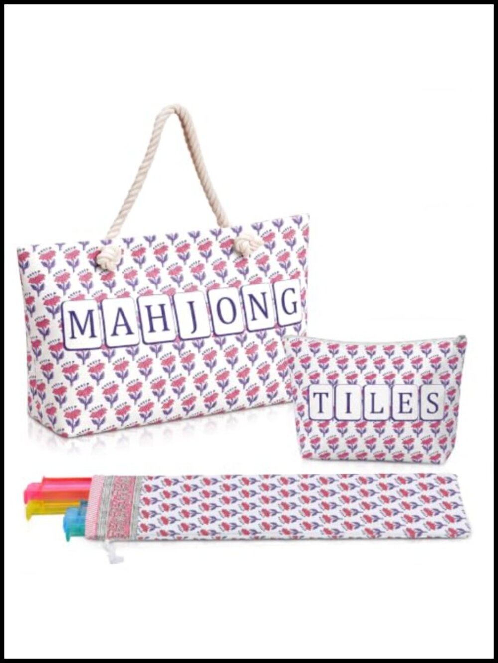 3-Piece Mahjong Storage Set - Canvas Tote, Tile Bag, Drawstring Sleeve
